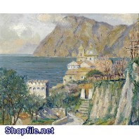 Tranh sơn dầu thành phố và biển xanh